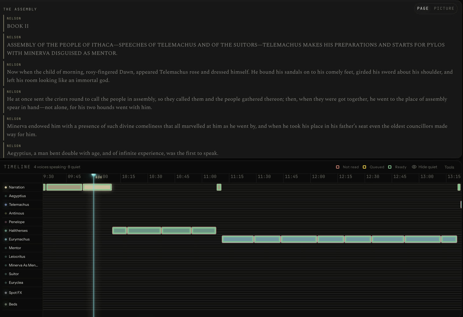 The Chapternal editor: the page of Book II of the Odyssey above a timeline with a lane for each voice, where Narration, Halitherses and Eurymachus speak in turn.